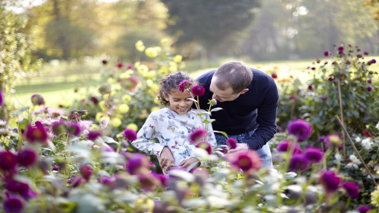 A family looking at flowers in October at Morden Hall Park, London.